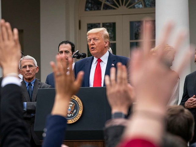 WASHINGTON, DC - MARCH 13: U.S. President Donald Trump takes questions a news conference about the ongoing global coronavirus pandemic at the White House March 13, 2020 in Washington, DC. Trump is facing a national health emergency as COVID-19 cases continue to rise and 30 people have died from the …