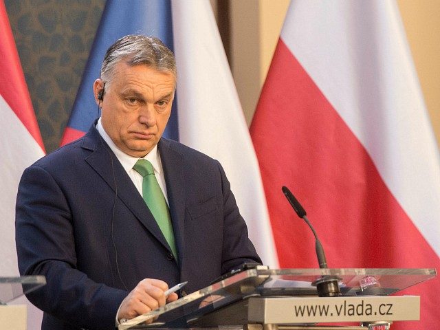 Hungary's Prime Minister Viktor Orban gives a joint press conference with Czech Republic's Prime Minister, Poland's Prime Minister and Slovakia's Prime Minister after a meeting of representatives of the Visegrad Group (V4), focusing on measures in response to the new coronavirus COVID-19, on March 4, 2020 in Prague. (Photo by …