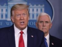 WASHINGTON, DC - MARCH 18: U.S. President Donald Trump is flanked by Vice President Mike Pence while speaking during a news briefing on the latest development of the coronavirus outbreak in the U.S. in the James Brady Press Briefing Room at the White House March 18, 2020 in Washington, DC. …