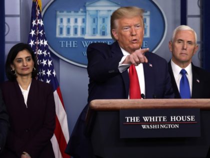 WASHINGTON, DC - MARCH 18: U.S. President Donald Trump speaks as Secretary of Veterans Affairs Robert Wilkie, Administrator of the Centers for Medicare and Medicaid Services Seema Verma, and Vice President Mike Pence listen during a news briefing on the latest development of the coronavirus outbreak in the U.S. at …