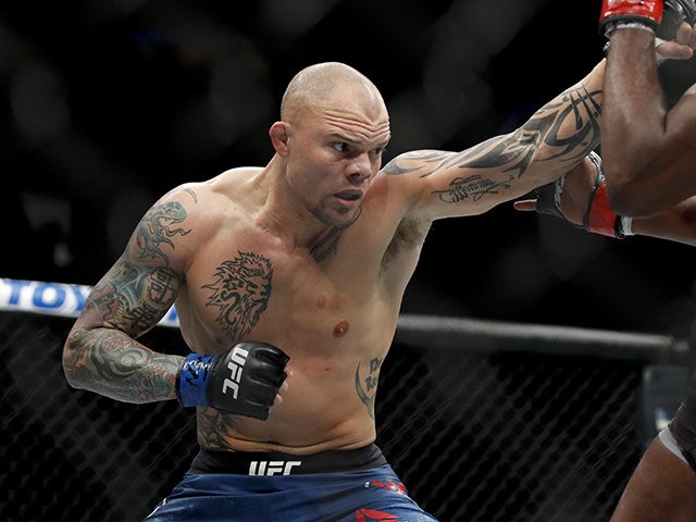 Jon Jones, right, blocks a punch from Anthony Smith during a light heavyweight mixed marti