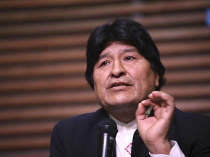 Bolivia's former President Evo Morales gives a press conference regarding the rejection of his plan to run for Senator in Buenos Aires, where he is living, in Argentina, Friday, Feb. 21, 2020. Bolivia's Supreme Electoral Tribunal on Thursday rejected Morales' candidacy for a Senate seat in May's national elections because …