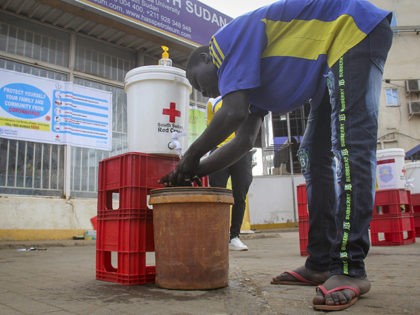 A man washes his hands to curb the spread of the new coronavirus in Juba, South Sudan, Monday, April 6, 2020. South Sudan on Sunday announced its first case of COVID-19, making it the 51st of Africa's 54 countries to report the disease. (AP Photo)