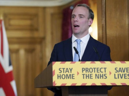 In this photo provided by 10 Downing Street, Britain's Foreign Secretary Dominic Raab