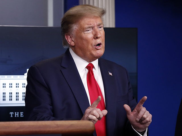 President Donald Trump speaks about the coronavirus in the James Brady Press Briefing Room at the White House, Monday, April 13, 2020, in Washington. (AP Photo/Alex Brandon)