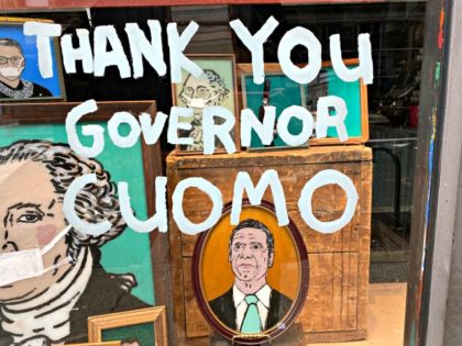 NEW YORK, NY - APRIL 3: View of FIshs Eddy storefront with paintings of presidents wearing surgical masks including a thank you to Governor of New York City, Andrew Cuomo during the Coronavirus Pandemic Coronavirus Pandemic in New York City on April 3, 2020. Credit: Rainmaker Photos/MediaPunch /IPX