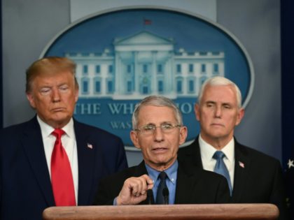 Director of the National Institute of Allergy and Infectious Diseases at the National Institutes of Health Anthony Fauci speaks during a press conference on the COVID-19, coronavirus, outbreak as US President Donald Trump (L) and US Vice President Mike Pence look on at the White House in Washington, DC on February …