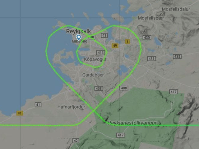 A Boeing 767 from Icelandair has drawn a big heart over Reykjavik in Iceland, on arrival f