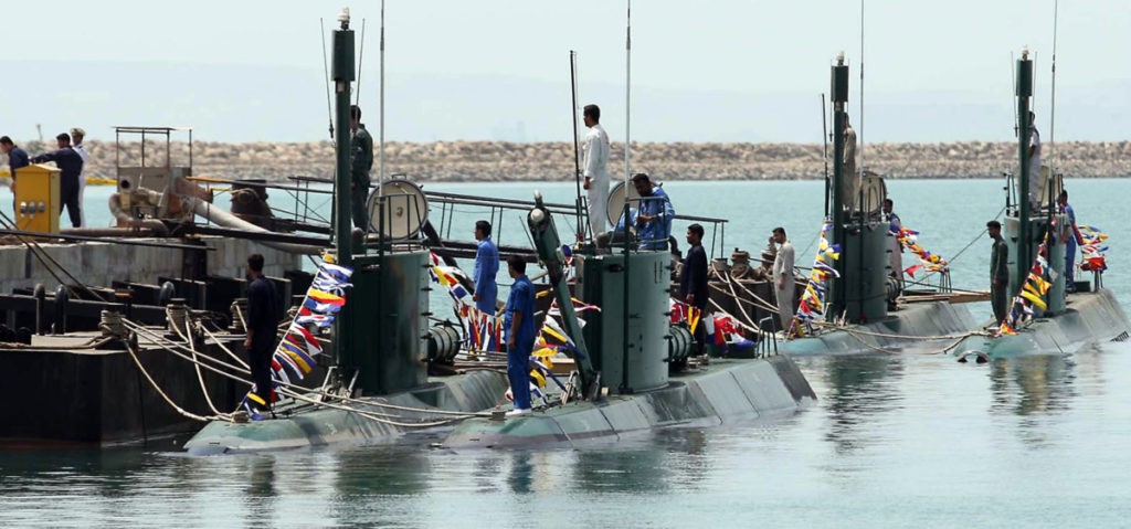 New Iranian Ghadir-class submarines are unveiled during a ceremony in the southern port city of Bandar Abbas on August 8, 2010. AFP PHOTO/VAHID REZA ALAEI (Photo credit should read VAHID REZA ALAEI/AFP via Getty Images)