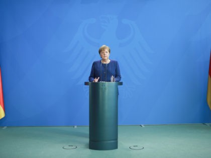 BERLIN, GERMANY - APRIL 06: German Chancellor Angela Merkel speaks to the media in her fir