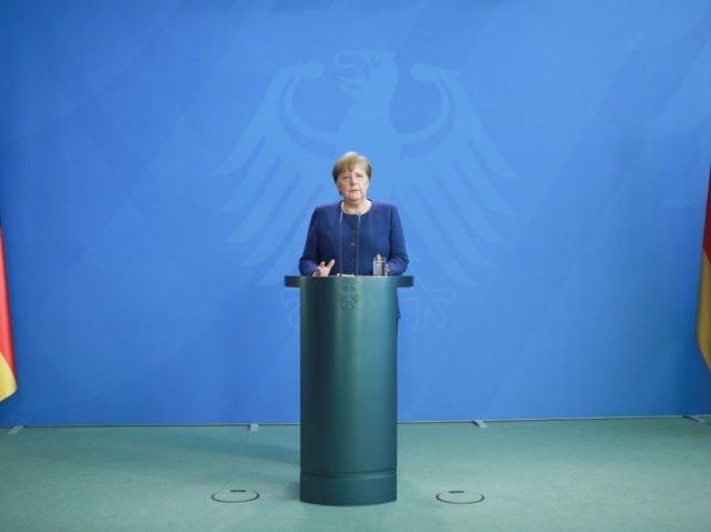 BERLIN, GERMANY - APRIL 06: German Chancellor Angela Merkel speaks to the media in her fir