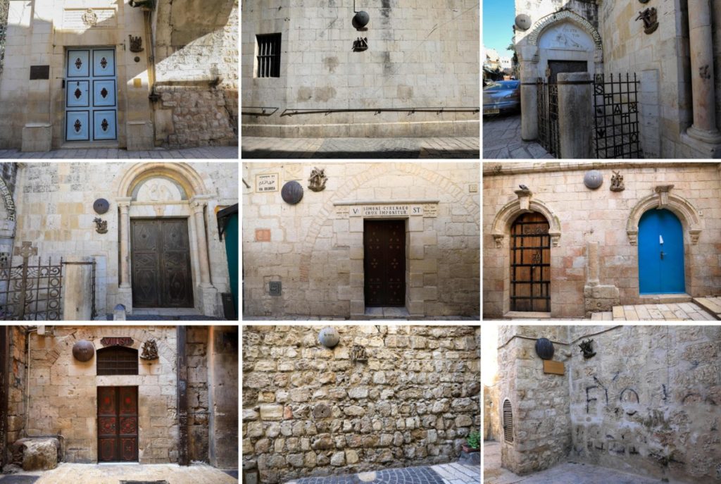 This combination of pictures taken and created on April 12, 2020 shows the first nine stations of the Via Dolorosa (Way of Sorrow), empty of worshippers on Easter Sunday amid the coronavirus disease (COVID-19) outbreak, in Jerusalem's Old City. - All cultural sites in the Holy Land are shuttered, regardless of their religious affiliation, as authorities seek to forestall the spread of the deadly respiratory disease. Christians will be prevented from congregating for the Easter service, whether this coming Sunday -- as in the case of Bitar and fellow Catholics -- or a week later on April 19 in the case of the Orthodox. (Photo by Emmanuel DUNAND / AFP) (Photo by EMMANUEL DUNAND/AFP via Getty Images)