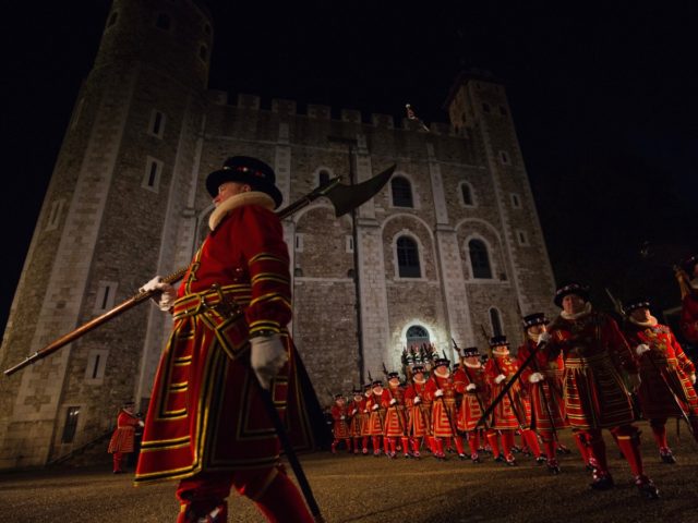 LONDON, ENGLAND - OCTOBER 05: Yeoman Warders 'Beefeaters', parade during the installation of General Sir Nicholas Houghton as the 160th Constable of the Tower of London during a ceremony in front of the White Tower at Tower of London on October 5, 2016 in London, England. The role of Constable, …