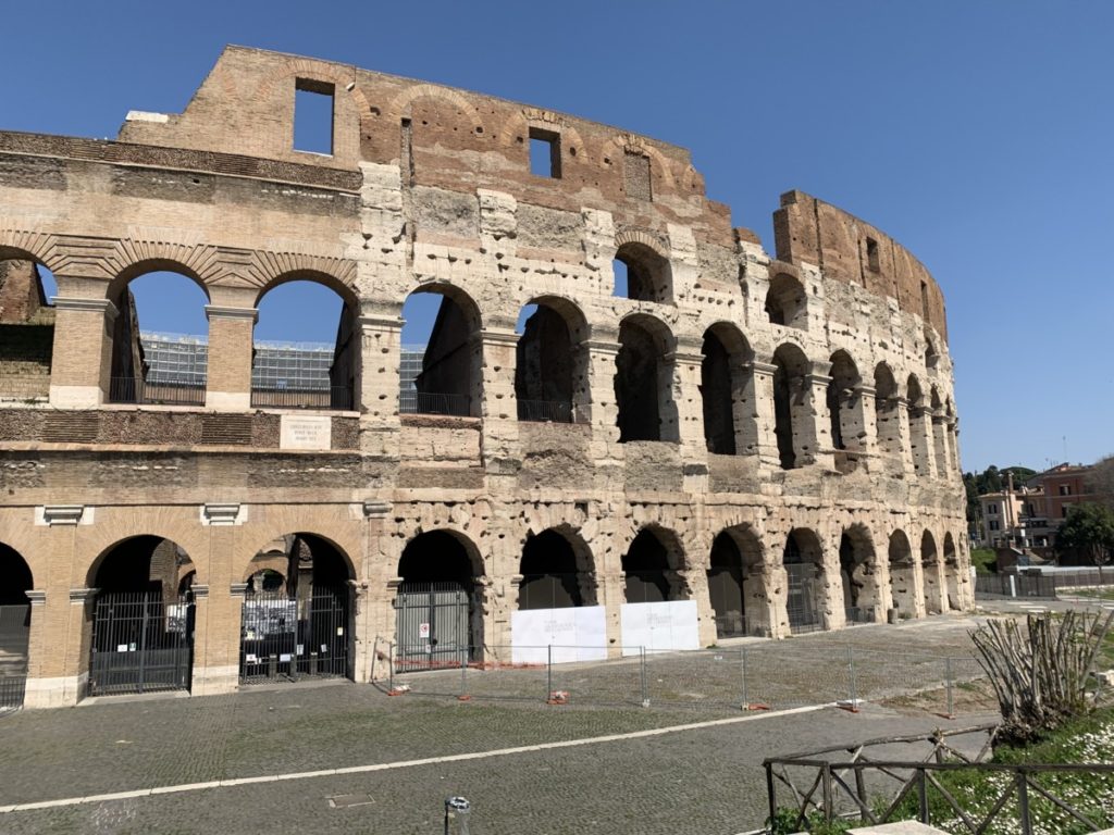 An empty Flavian Amphitheater, also known as the Roman Colosseum.