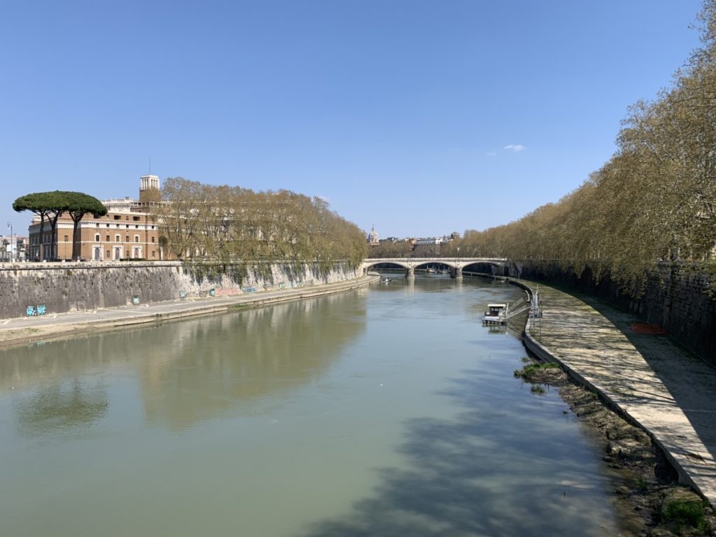 The Tiber River, with the conspicuous absence of joggers, bikers, and street vendors.
