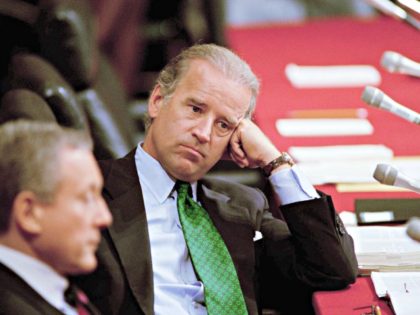 Sen. Joseph Biden, D-Del., chairman of the Senate Judiciary Committee, looks on as the con
