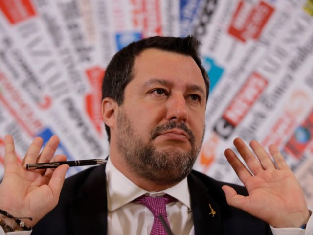 Opposition populist leader Matteo Salvini gestures during press conference at the Foreign