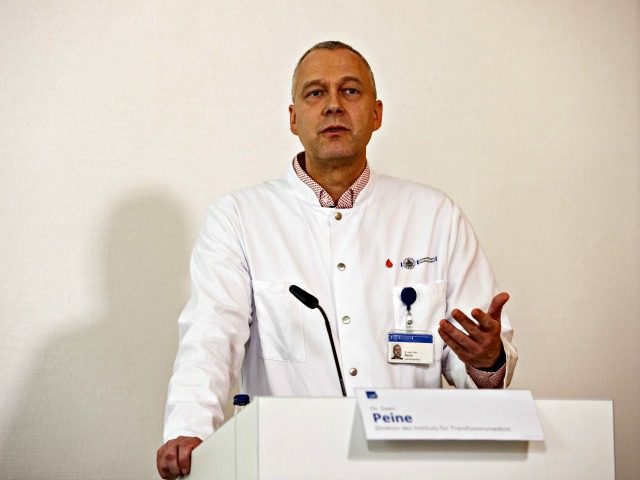 Head of the Institute of Transfusion Medicine Sven Peine speaks during a press conference about the start of a study with the Ebola drug Remdesivir in particularly severely ill patients at the University Hospital Eppendorf (UKE) in Hamburg, northern Germany on April 8, 2020, amidst the new coronavirus COVID-19 pandemic. …