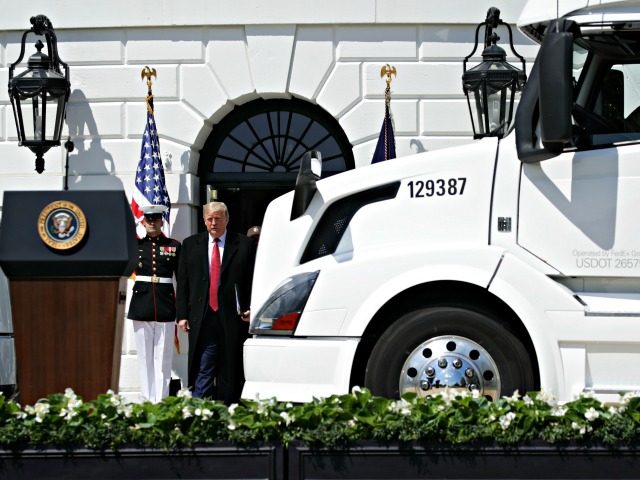 WASHINGTON, DC - APRIL 16: U.S. President Donald Trump arrives at an event “celebrating America’s Truckers” at the South Lawn of the White House April 16, 2020 in Washington, DC. President Trump honored American truckers for their efforts to move food and supplies around the country during the COVID-19 pandemic. …