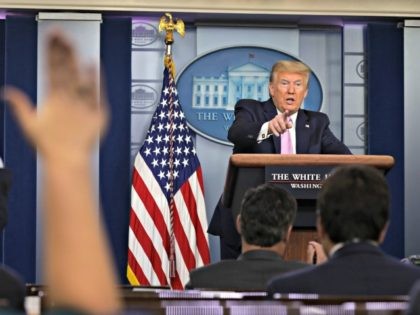 WASHINGTON, DC - APRIL 10: U.S. President Donald Trump takes questions during the daily briefing of the White House Coronavirus Task Force in the James Brady Briefing Room April 10, 2020 at the White House in Washington, DC. According to Johns Hopkins University, New York state has more confirmed coronavirus …