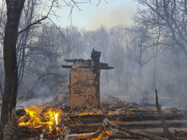 An unhabited house burns in the middle of a forest fire near the village of Volodymyrivka,