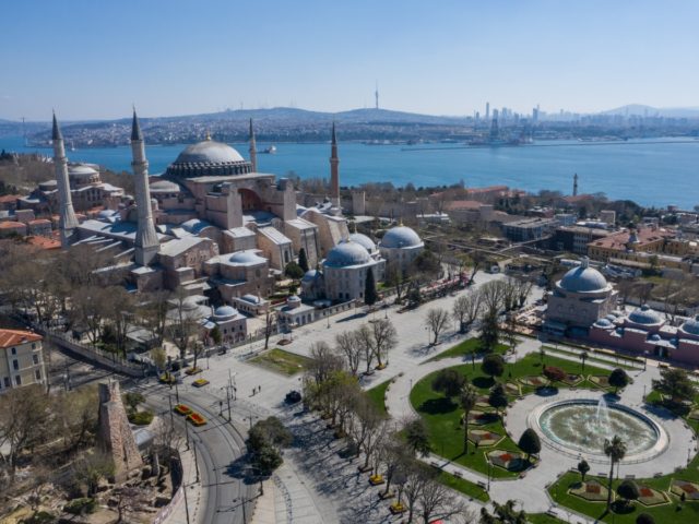 ISTANBUL, TURKEY - APRIL 12: Blue Mosque and surrounds are empty during a two-day lockdown