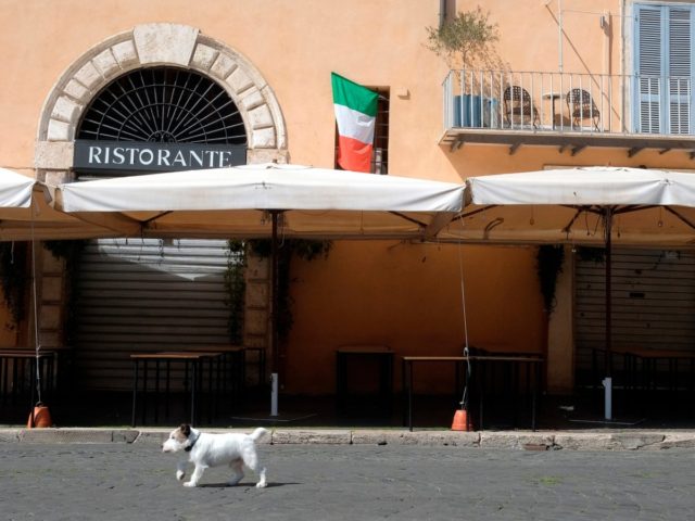 A dog passes by a closed restaurant as an Italian flag hangs from a window, in Rome, Tuesd