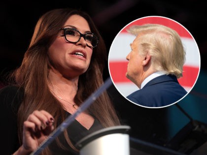 Kimberly Guilfoyle speaking with attendees at the 2018 Student Action Summit hosted by Turning Point USA at the Palm Beach County Convention Center in West Palm Beach, Florida. (INSET: President Donald J. Trump sees off the USNS Comfort Saturday, March 28, 2020, as she departs Naval Air Station Norfolk Pier …