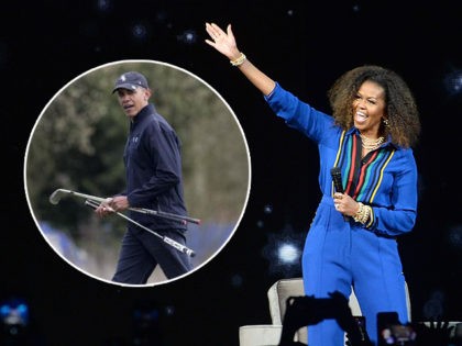 (INSET: Barack Obama golfing) Michelle Obama, left, and Oprah Winfrey participate at "Opra