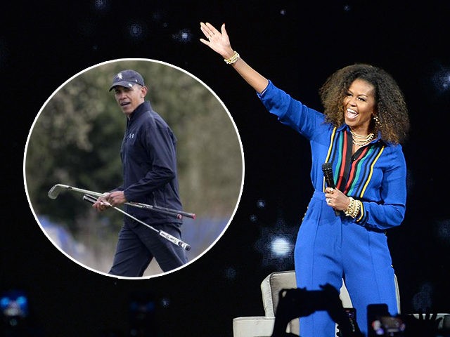 (INSET: Barack Obama golfing) Michelle Obama, left, and Oprah Winfrey participate at "Oprah's 2020 Vision: Your Life in Focus" tour at the Barclays Center on Saturday, Feb. 8, 2020, in New York. (Photo by Brad Barket/Invision/AP)