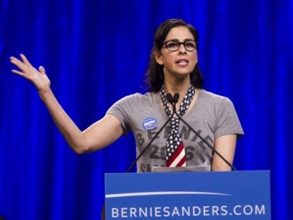 Comedienne and actress Sarah Silverman speaks at a rally for democratic presidential candidate Sen. Bernie Sanders, I-Vt., Monday, Aug. 10, 2015, at the Los Angeles Memorial Sports Arena in Los Angeles. (AP Photo/Ringo H.W. Chiu)