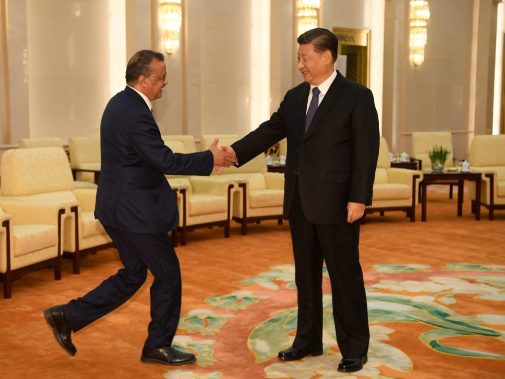 BEIJING, CHINA - JANUARY 28: Tedros Adhanom, Director-General of the World Health Organization, (L) shakes hands with Chinese President Xi Jinping before a meeting at the Great Hall of the People, January 28, 2020 in Beijing, China.  (Photo by Naohiko Hatta - Pool/Getty Images)