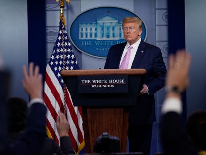 President Donald Trump answers questions during a coronavirus task force briefing at the W