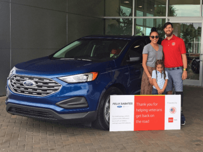 Today, in collaboration, with Wells Fargo & Felix Sabates Lincoln we changed Purple Heart recipient, Retired U.S. Air Force Reserve Senior Airman Aubrey Hand's life by awarding him a payment-free Ford Edge to get him #BackontheRoad. Thank you for your faithful and courageous service to our country! #helpingheroes