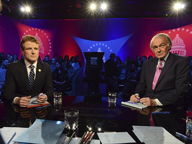 U.S. Rep. Joe Kennedy III, D-Mass, left, and Sen. Ed Markey, right, square off in the first senate primary debate hosted by WGBH News on Tuesday, Feb. 18, 2020 at the WGBH Studios in Boston. (Meredith Nierman/WGBH via AP, Pool)