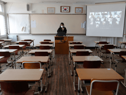 Teacher Lee Gang-in gives an online class to her students amid the new coronavirus outbrea