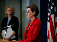 Iowa Gov. Kim Reynolds updates the state's response to the coronavirus outbreak during a news conference at the State Emergency Operations Center, Thursday, April 30, 2020, in Johnston, Iowa. (AP Photo/Charlie Neibergall, Pool)