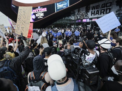 Protesters rally at the Barclays Center over the death of George Floyd, a black man who wa