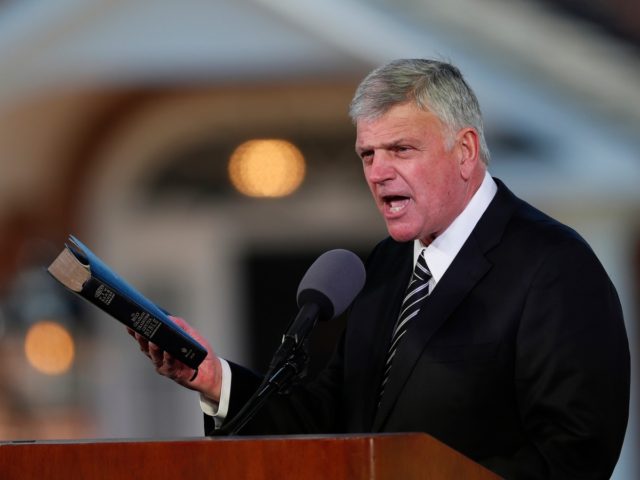 FILE - In this March 2, 2018 file photo, Pastor Franklin Graham speaks during a funeral service at the Billy Graham Library for the Rev. Billy Graham, who died last week at age 99 in Charlotte, N.C. Graham has denounced the impeachment investigation of President Donald Trump, but this week …