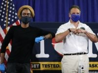 NEW YORK, NEW YORK - MAY 28: New York Governor Andrew Cuomo Is joined by Rosie Perez and Chris Rock at a press conference where the two performers helped to promote coronavirus testing, social distancing and the use of a face mask on May 28, 2020 in New York City. …