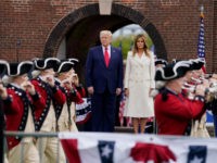 President Donald Trump and first lady Melania Trump participate in a Memorial Day ceremony at Fort McHenry National Monument and Historic Shrine, Monday, May 25, 2020, in Baltimore. (AP Photo/Evan Vucci)