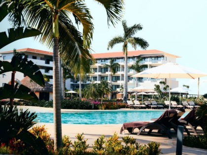 Palm trees alongside a beach and hotel