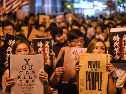 TOPSHOT - Pro-democracy protesters attend a rally in Hong Kong on August 16, 2019. - Hong