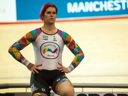 Canadian cyclist Rachel McKinnon warms up before competing in her F35-39 sprint semi-final during the 2019 UCI Track Cycling World Masters Championship, in Manchester on October 19, 2019. - Transgender cyclist Rachel McKinnon has defended her right to compete in women's sport despite accepting trans athletes may retain a physical …