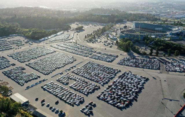 LOS ANGELES, CALIFORNIA - MAY 20: An aerial view of stationed rental cars parked at Dodge