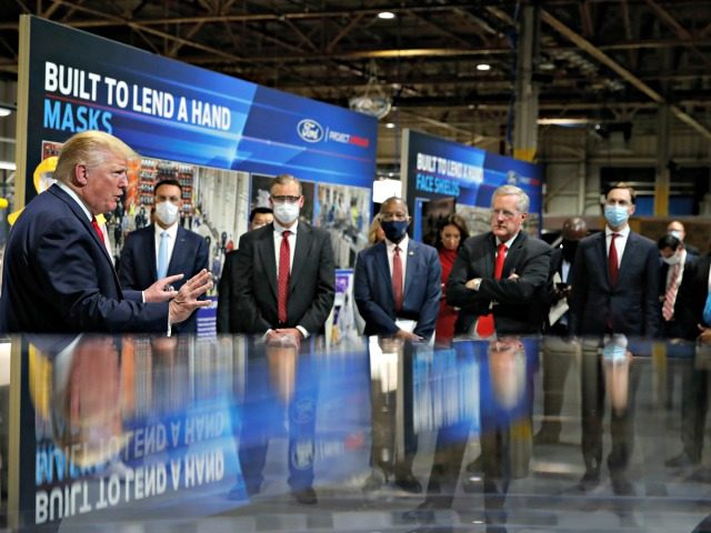 President Donald Trump speaks as he tours Ford's Rawsonville Components Plant that has been converted to making personal protection and medical equipment, Thursday, May 21, 2020, in Ypsilanti, Mich. (AP Photo/Alex Brandon)