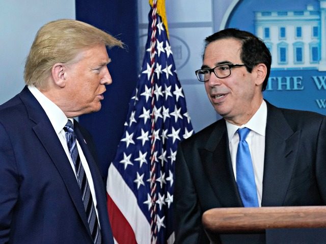 WASHINGTON, DC - APRIL 21: U.S. President Donald Trump and Treasury Secretary Steven Mnuchin participate in the daily coronavirus task force briefing at the White House on April 21, 2020 in Washington, DC. Earlier in the day, the president met with New York Gov. Andrew Cuomo in the Oval Office …