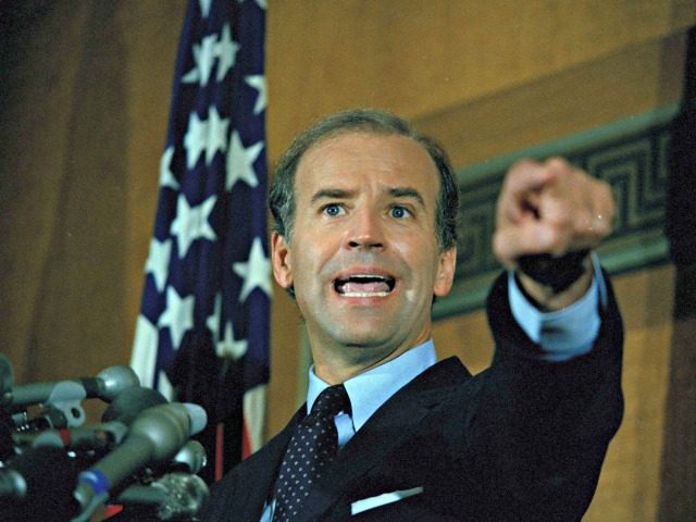Sen. Joe Biden (D-Del.) gestures at a news conference on Capitol Hill, Sept. 17, 1987. Bid