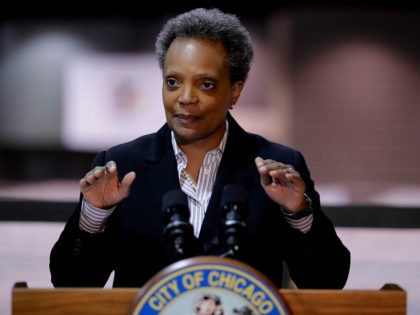 lecture by Chicago Mayor Lori Lightfoot speaks during a news conference in Hall A at the COVID-19 alternate site at McCormick Place in Chicago, Friday, April 10, 2020. (AP Photo/Nam Y. Huh)