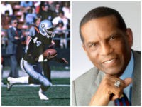 Los Angeles Raiders safety Burgess Owens (43) intercepts a pass during a 37-31 victory over the Los Angeles Rams on December 18, 1982, at the Los Angeles Memorial Coliseum in Los Angeles, California. (AP Photo/NFL Photos)